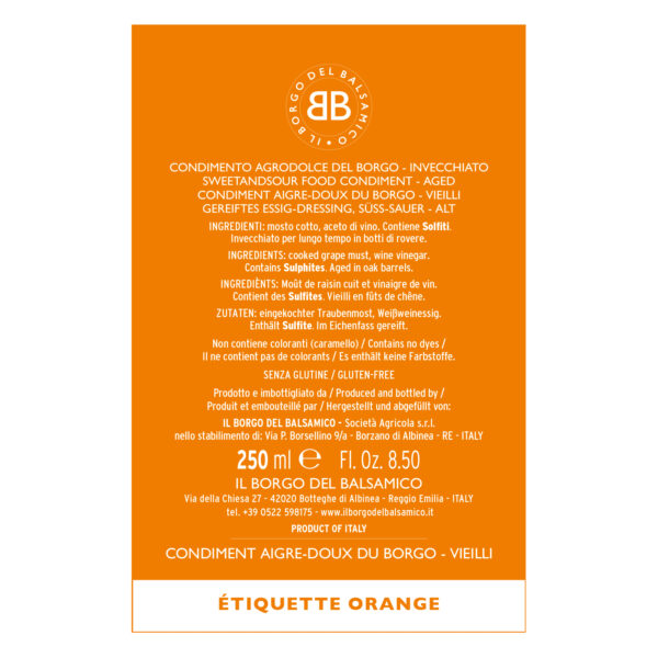 IL BORGO DEL BALSAMICO di MODENA CONDIMENTO AGED ORANGE LABEL MEDIUM VISCOSITY OVAL BOTTLE - 250ml
