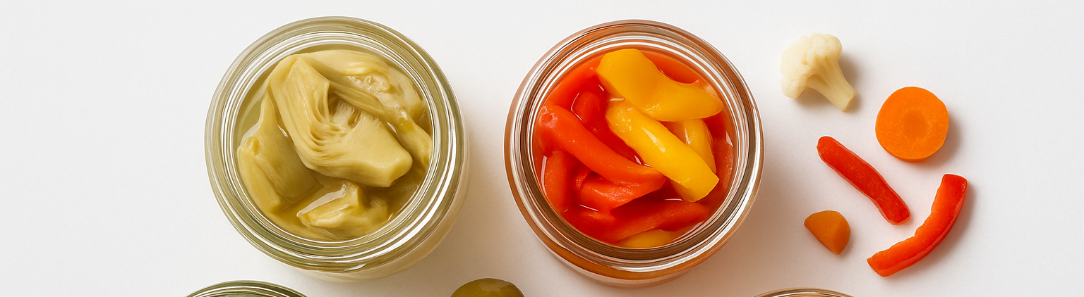 Sottoaceti facendo vedere cosa c'è nei barattoli, immagine pulita e sfondo chiaro, ripresa dall'alto